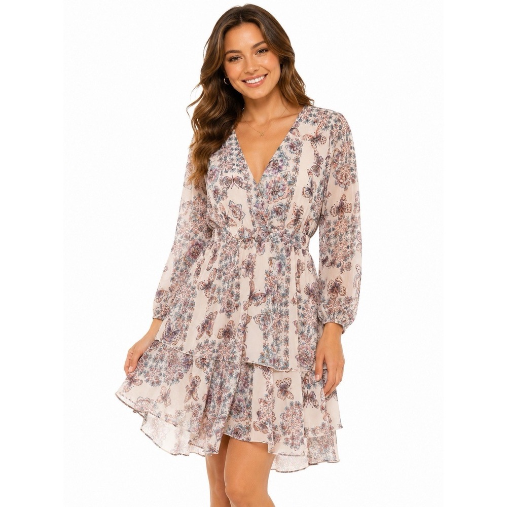 Molly Bracken Women's M Beige Butterfly Floral V-Neck Boho Overlay Dress